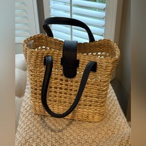 Stylish Tan and Black Woven Tote Bag